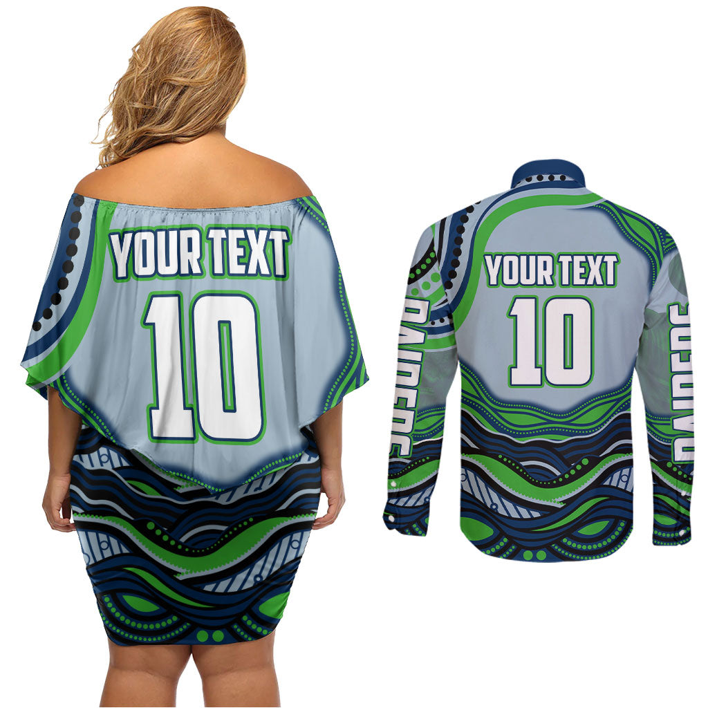 Personalized Canberra Raiders Couples Matching Off Shoulder Short Dress and Long Sleeve Button Shirt Aboriginal Dot Art - Dreamtime Rugby Mascot