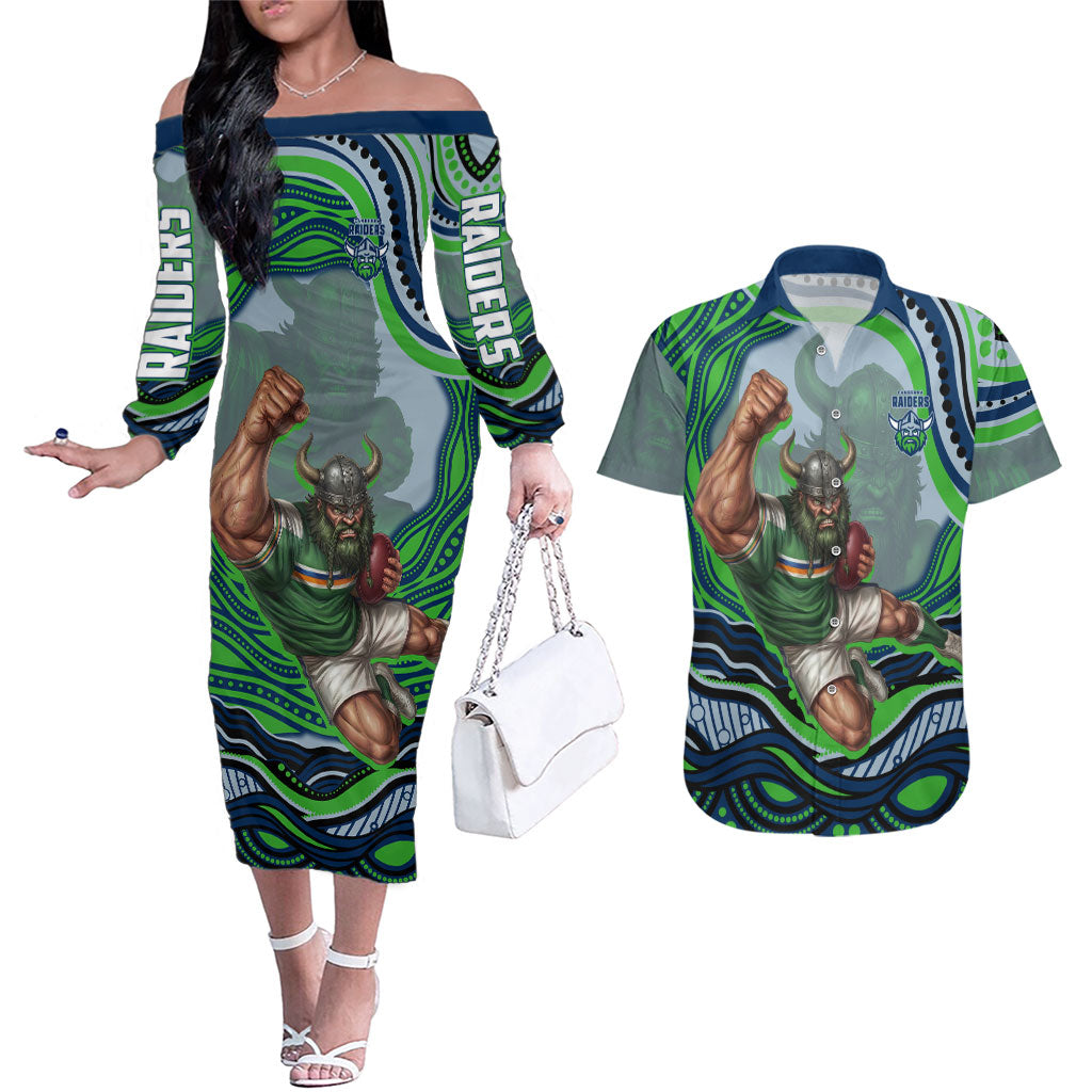 Personalized Canberra Raiders Couples Matching Off The Shoulder Long Sleeve Dress and Hawaiian Shirt Aboriginal Dot Art - Dreamtime Rugby Mascot