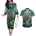 Personalized Canberra Raiders Couples Matching Off The Shoulder Long Sleeve Dress and Hawaiian Shirt Aboriginal Dot Art - Dreamtime Rugby Mascot