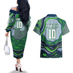Personalized Canberra Raiders Couples Matching Off The Shoulder Long Sleeve Dress and Hawaiian Shirt Aboriginal Dot Art - Dreamtime Rugby Mascot