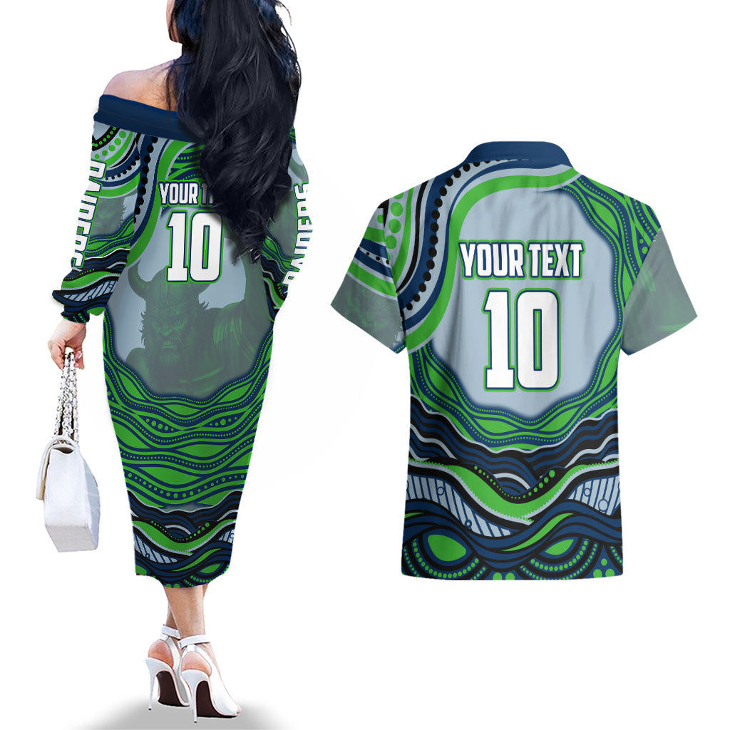 Personalized Canberra Raiders Couples Matching Off The Shoulder Long Sleeve Dress and Hawaiian Shirt Aboriginal Dot Art - Dreamtime Rugby Mascot