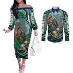 Personalized Canberra Raiders Couples Matching Off The Shoulder Long Sleeve Dress and Long Sleeve Button Shirt Aboriginal Dot Art - Dreamtime Rugby Mascot