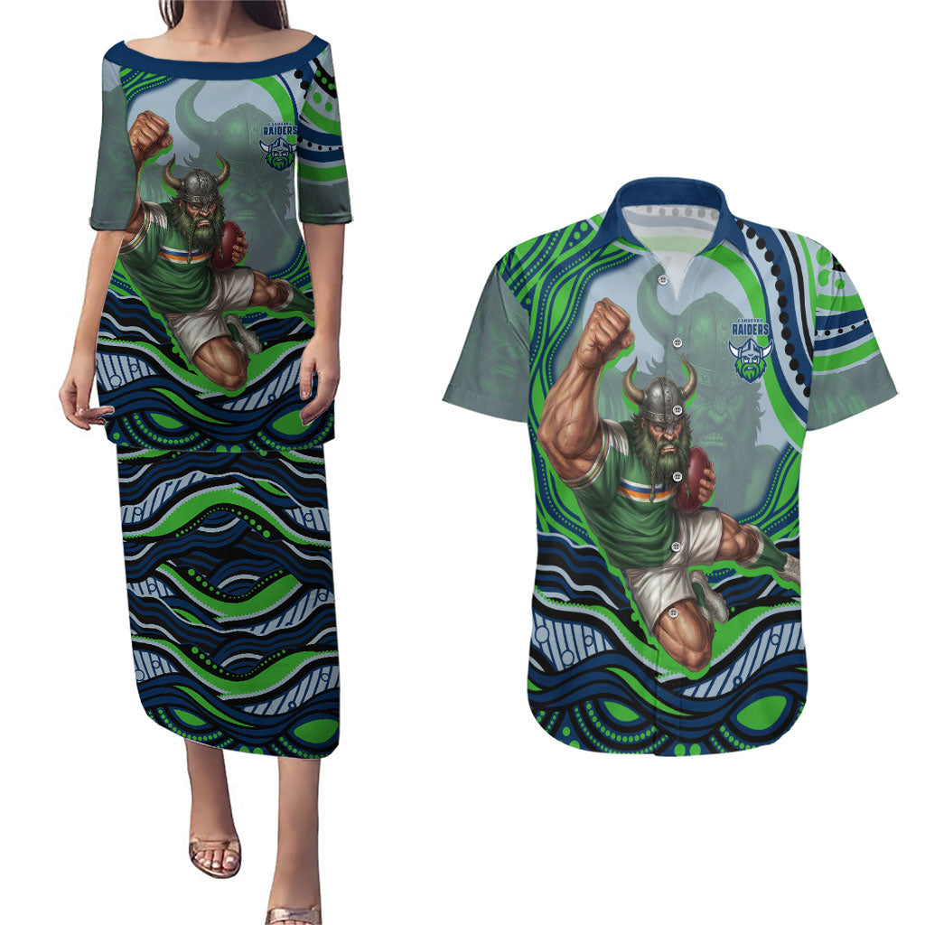 Personalized Canberra Raiders Couples Matching Puletasi and Hawaiian Shirt Aboriginal Dot Art - Dreamtime Rugby Mascot
