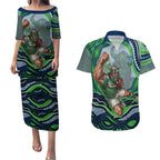 Personalized Canberra Raiders Couples Matching Puletasi and Hawaiian Shirt Aboriginal Dot Art - Dreamtime Rugby Mascot