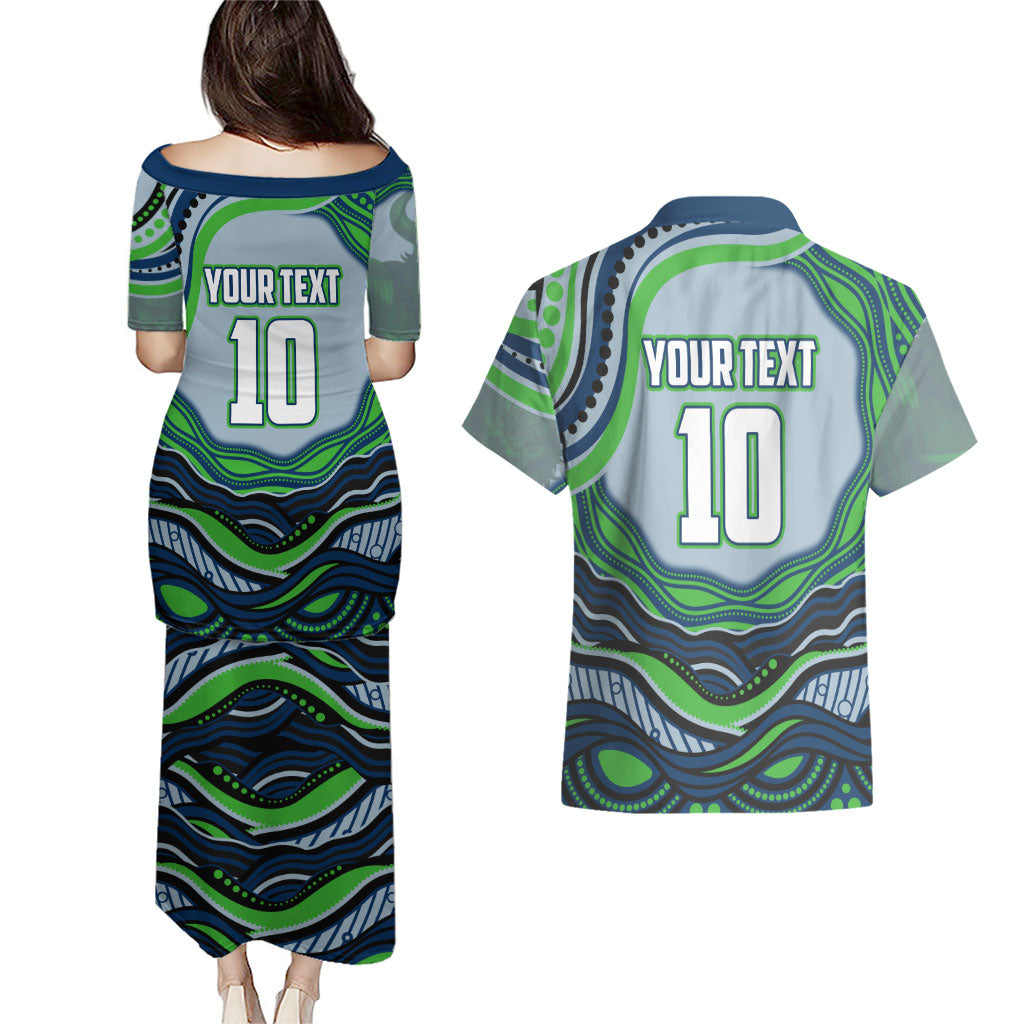 Personalized Canberra Raiders Couples Matching Puletasi and Hawaiian Shirt Aboriginal Dot Art - Dreamtime Rugby Mascot