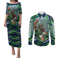 Personalized Canberra Raiders Couples Matching Puletasi and Long Sleeve Button Shirt Aboriginal Dot Art - Dreamtime Rugby Mascot