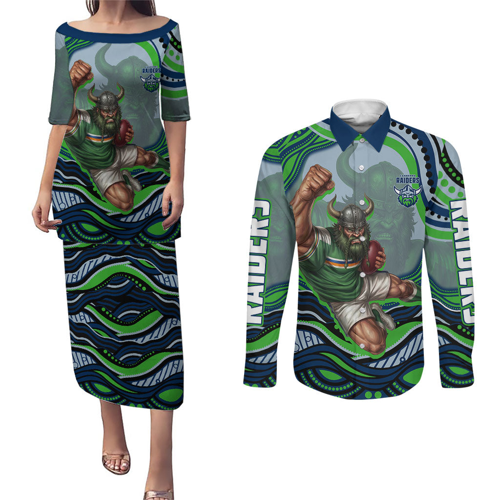 Personalized Canberra Raiders Couples Matching Puletasi and Long Sleeve Button Shirt Aboriginal Dot Art - Dreamtime Rugby Mascot