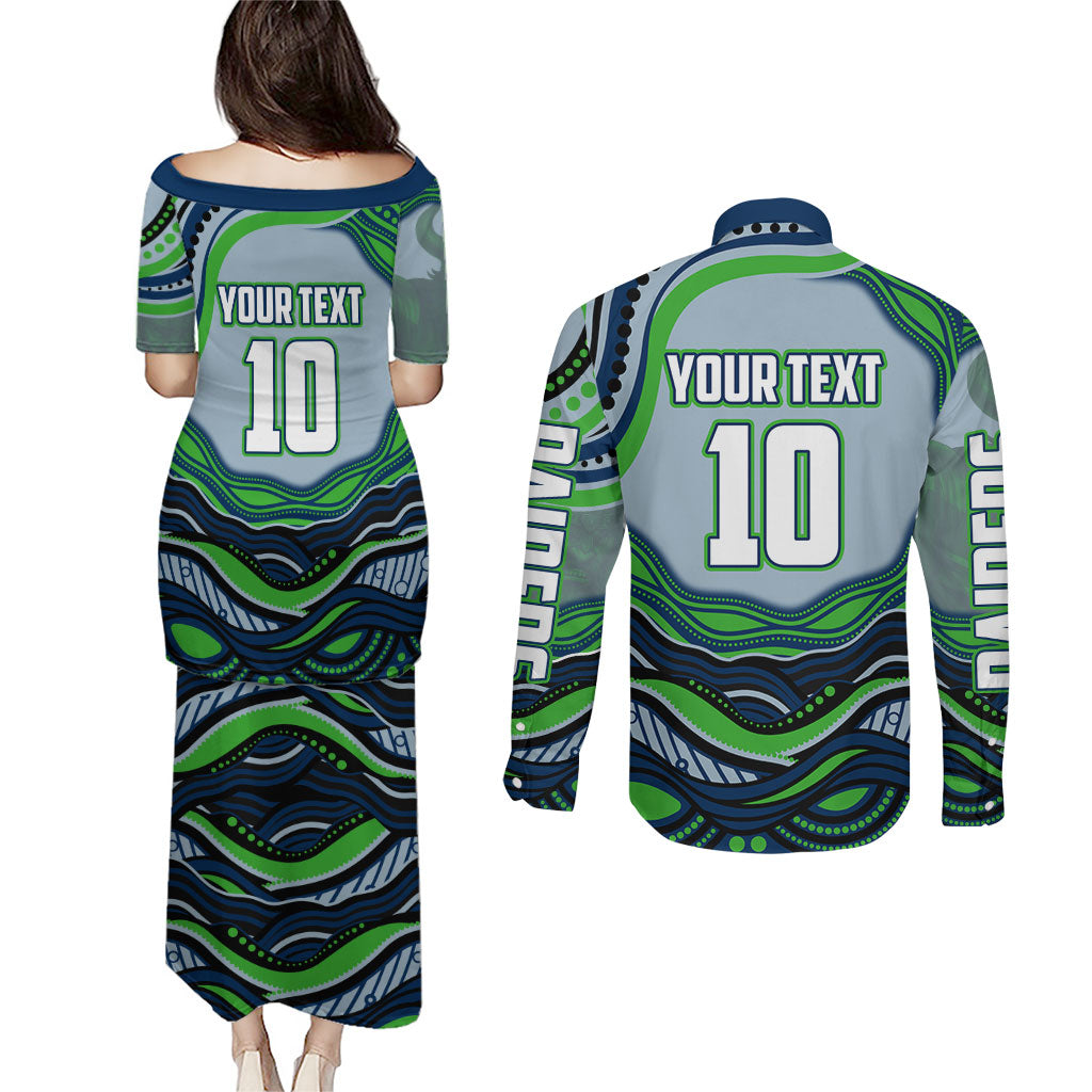 Personalized Canberra Raiders Couples Matching Puletasi and Long Sleeve Button Shirt Aboriginal Dot Art - Dreamtime Rugby Mascot