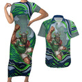 Personalized Canberra Raiders Couples Matching Short Sleeve Bodycon Dress and Hawaiian Shirt Aboriginal Dot Art - Dreamtime Rugby Mascot