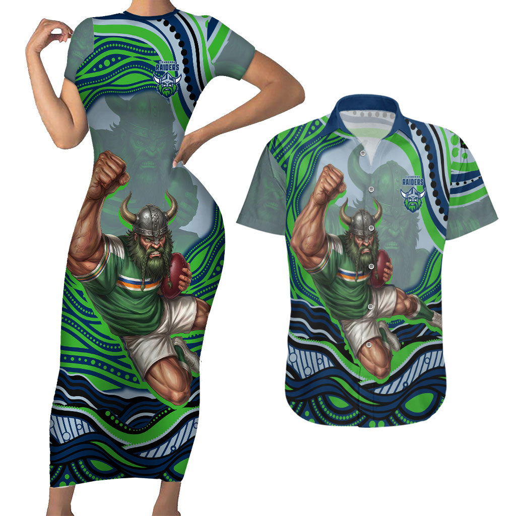 Personalized Canberra Raiders Couples Matching Short Sleeve Bodycon Dress and Hawaiian Shirt Aboriginal Dot Art - Dreamtime Rugby Mascot