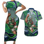 Personalized Canberra Raiders Couples Matching Short Sleeve Bodycon Dress and Hawaiian Shirt Aboriginal Dot Art - Dreamtime Rugby Mascot