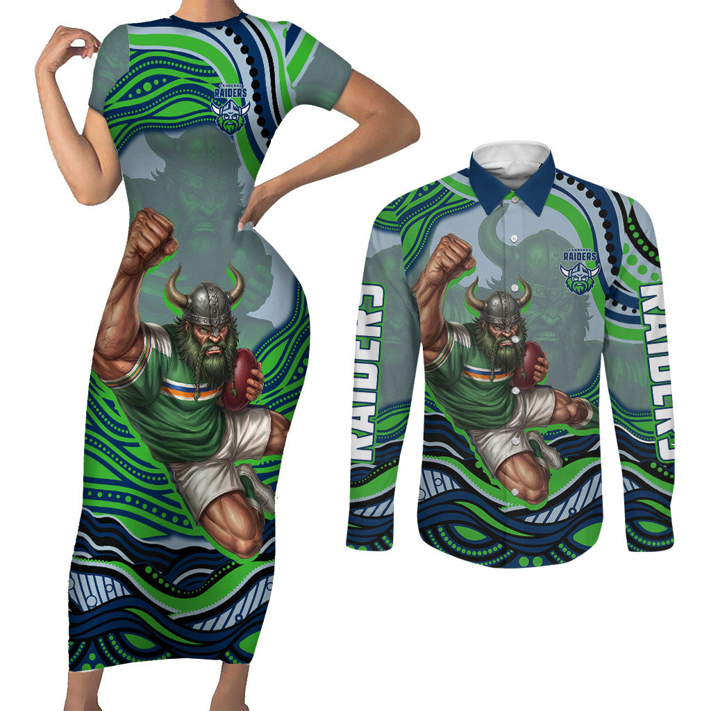 Personalized Canberra Raiders Couples Matching Short Sleeve Bodycon Dress and Long Sleeve Button Shirt Aboriginal Dot Art - Dreamtime Rugby Mascot