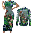 Personalized Canberra Raiders Couples Matching Short Sleeve Bodycon Dress and Long Sleeve Button Shirt Aboriginal Dot Art - Dreamtime Rugby Mascot
