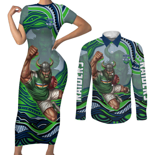 Personalized Canberra Raiders Couples Matching Short Sleeve Bodycon Dress and Long Sleeve Button Shirt Aboriginal Dot Art - Dreamtime Rugby Mascot