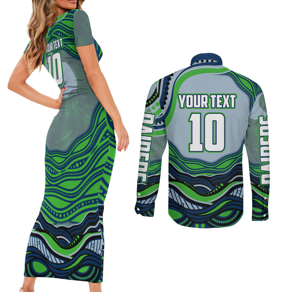 Personalized Canberra Raiders Couples Matching Short Sleeve Bodycon Dress and Long Sleeve Button Shirt Aboriginal Dot Art - Dreamtime Rugby Mascot