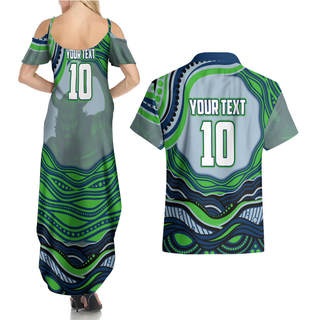 Personalized Canberra Raiders Couples Matching Summer Maxi Dress and Hawaiian Shirt Aboriginal Dot Art - Dreamtime Rugby Mascot
