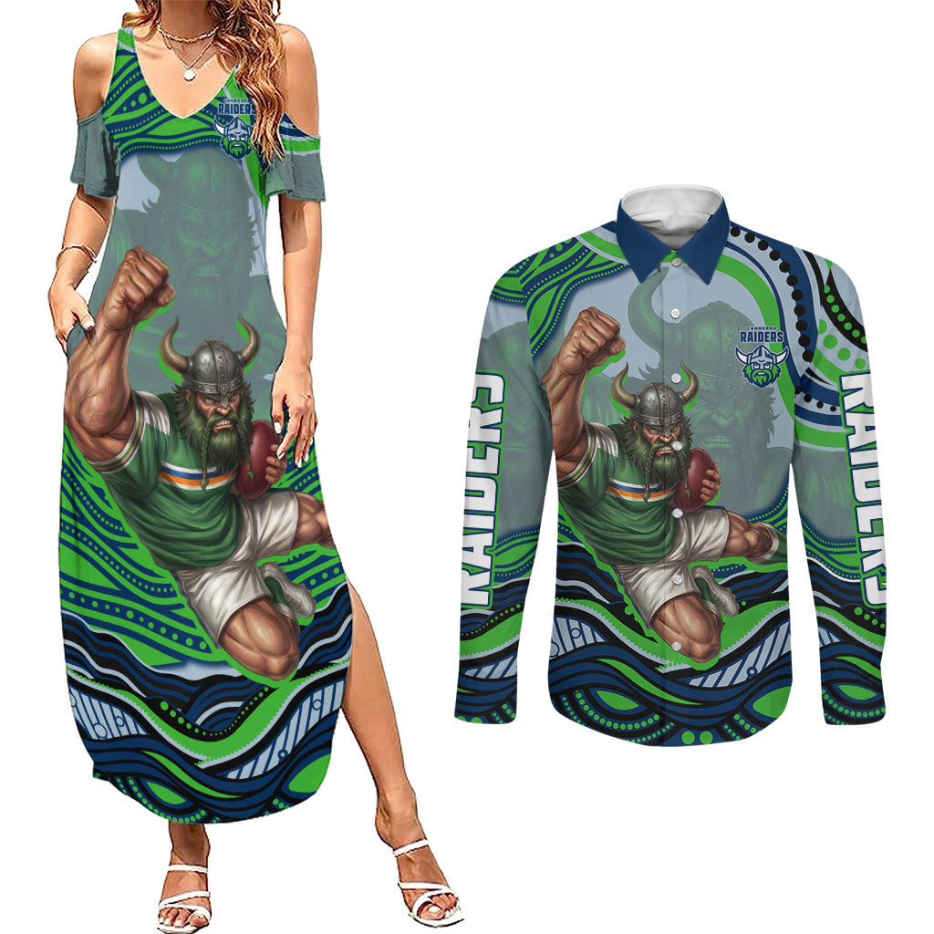 Personalized Canberra Raiders Couples Matching Summer Maxi Dress and Long Sleeve Button Shirt Aboriginal Dot Art - Dreamtime Rugby Mascot