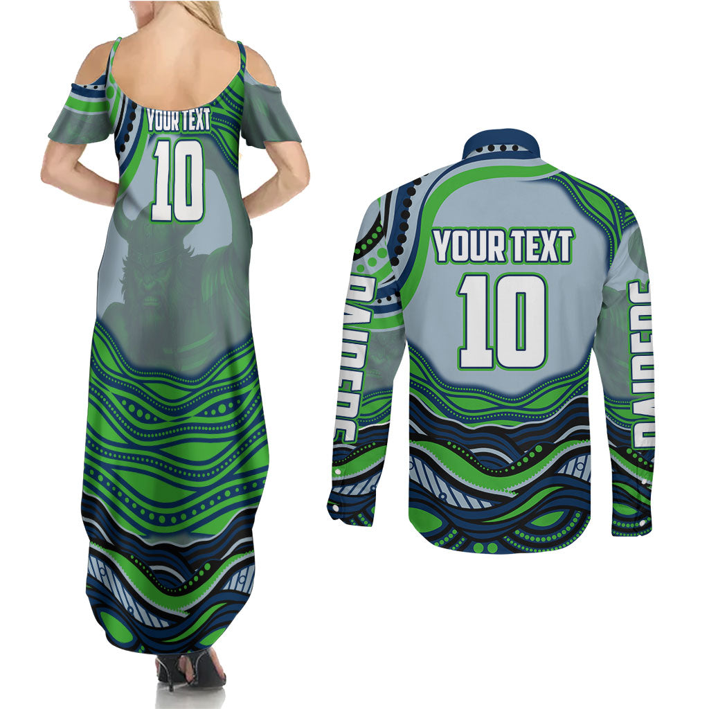 Personalized Canberra Raiders Couples Matching Summer Maxi Dress and Long Sleeve Button Shirt Aboriginal Dot Art - Dreamtime Rugby Mascot