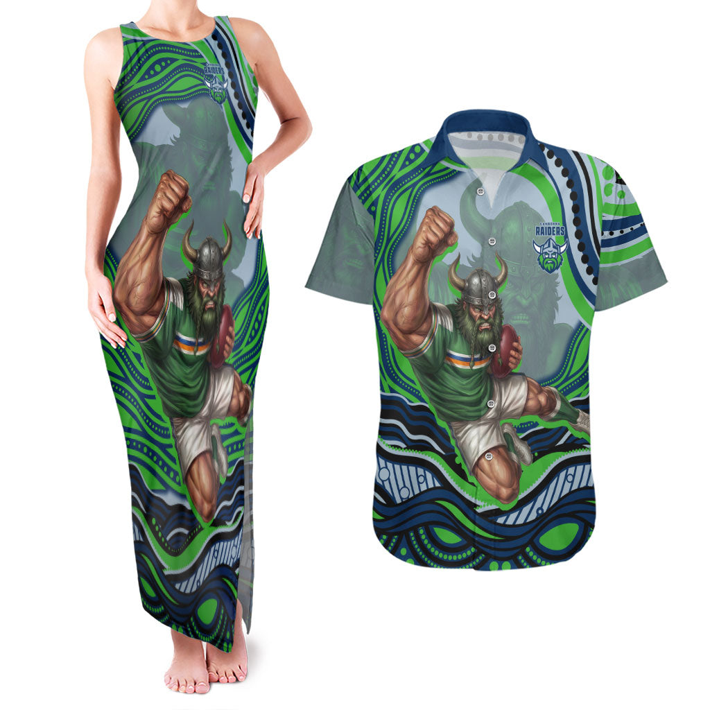 Personalized Canberra Raiders Couples Matching Tank Maxi Dress and Hawaiian Shirt Aboriginal Dot Art - Dreamtime Rugby Mascot