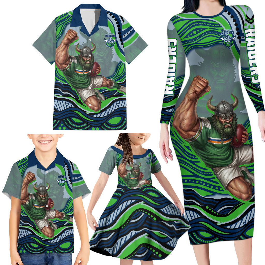 Personalized Canberra Raiders Family Matching Long Sleeve Bodycon Dress and Hawaiian Shirt Aboriginal Dot Art - Dreamtime Rugby Mascot