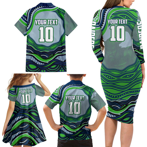 Personalized Canberra Raiders Family Matching Long Sleeve Bodycon Dress and Hawaiian Shirt Aboriginal Dot Art - Dreamtime Rugby Mascot