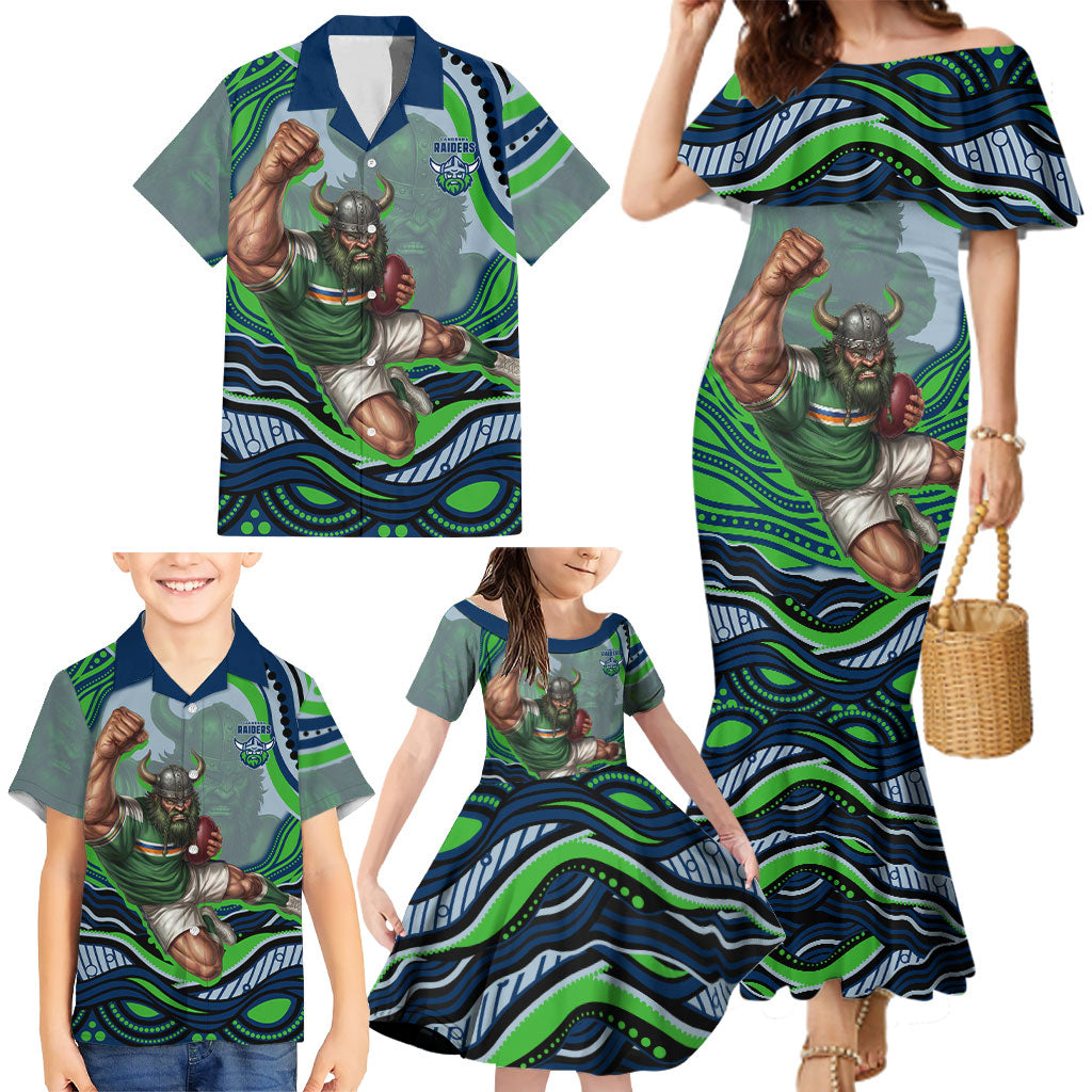 Personalized Canberra Raiders Family Matching Mermaid Dress and Hawaiian Shirt Aboriginal Dot Art - Dreamtime Rugby Mascot