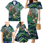 Personalized Canberra Raiders Family Matching Mermaid Dress and Hawaiian Shirt Aboriginal Dot Art - Dreamtime Rugby Mascot