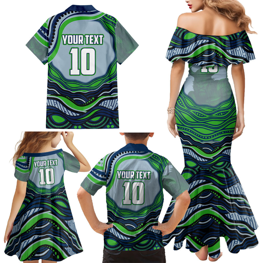 Personalized Canberra Raiders Family Matching Mermaid Dress and Hawaiian Shirt Aboriginal Dot Art - Dreamtime Rugby Mascot