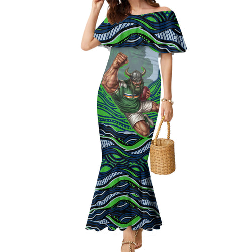 Personalized Canberra Raiders Family Matching Mermaid Dress and Hawaiian Shirt Aboriginal Dot Art - Dreamtime Rugby Mascot