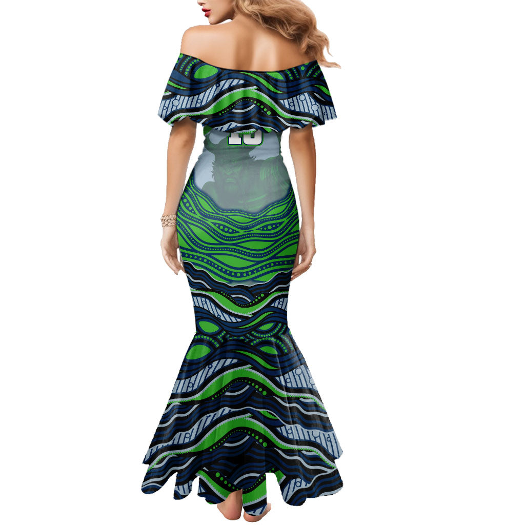 Personalized Canberra Raiders Family Matching Mermaid Dress and Hawaiian Shirt Aboriginal Dot Art - Dreamtime Rugby Mascot
