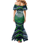 Personalized Canberra Raiders Family Matching Mermaid Dress and Hawaiian Shirt Aboriginal Dot Art - Dreamtime Rugby Mascot