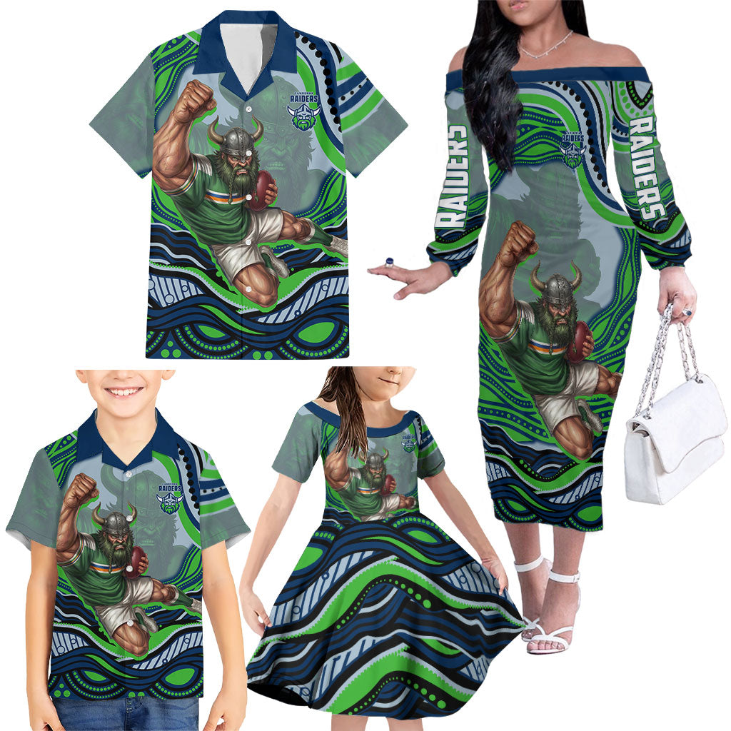 Personalized Canberra Raiders Family Matching Off The Shoulder Long Sleeve Dress and Hawaiian Shirt Aboriginal Dot Art - Dreamtime Rugby Mascot