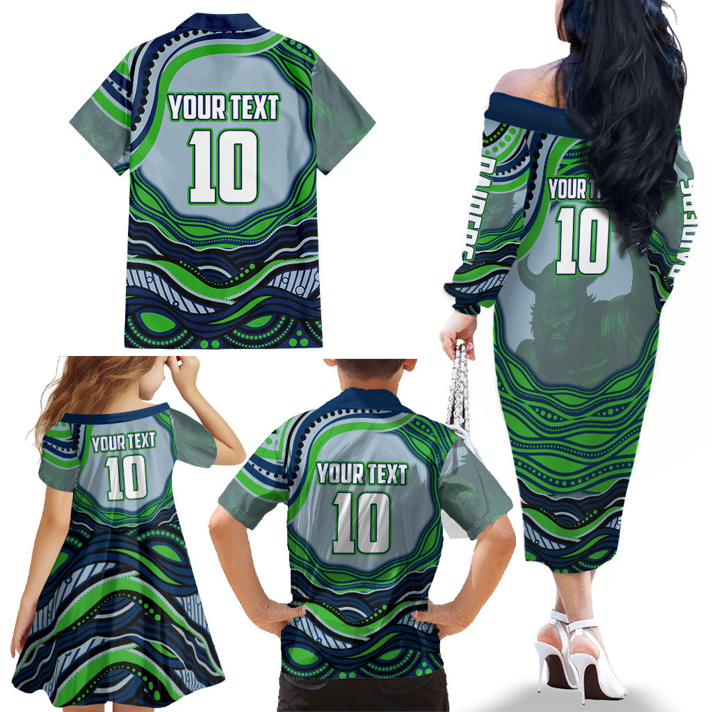 Personalized Canberra Raiders Family Matching Off The Shoulder Long Sleeve Dress and Hawaiian Shirt Aboriginal Dot Art - Dreamtime Rugby Mascot