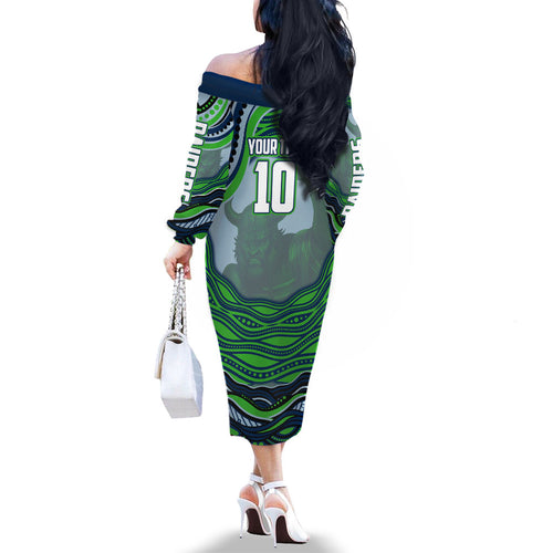 Personalized Canberra Raiders Family Matching Off The Shoulder Long Sleeve Dress and Hawaiian Shirt Aboriginal Dot Art - Dreamtime Rugby Mascot