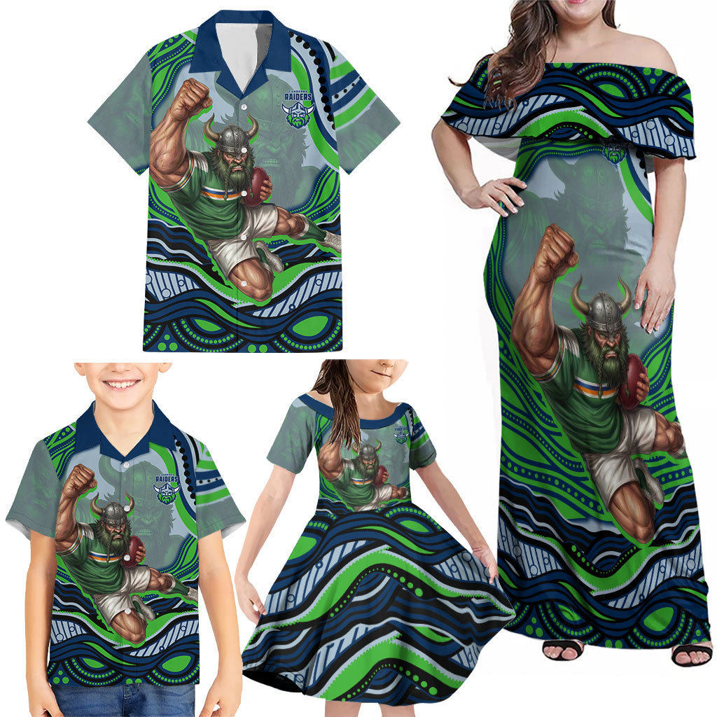 Personalized Canberra Raiders Family Matching Off Shoulder Maxi Dress and Hawaiian Shirt Aboriginal Dot Art - Dreamtime Rugby Mascot