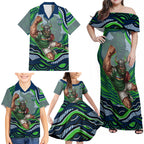 Personalized Canberra Raiders Family Matching Off Shoulder Maxi Dress and Hawaiian Shirt Aboriginal Dot Art - Dreamtime Rugby Mascot