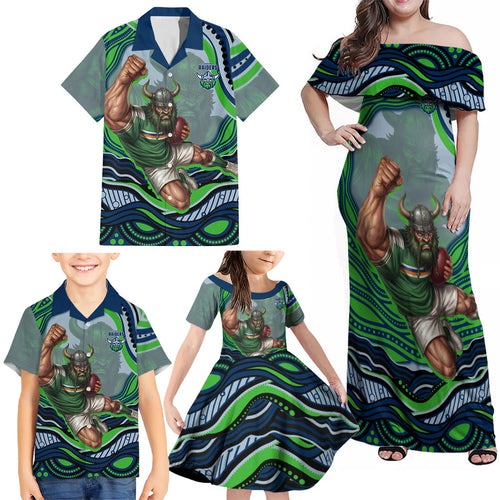 Personalized Canberra Raiders Family Matching Off Shoulder Maxi Dress and Hawaiian Shirt Aboriginal Dot Art - Dreamtime Rugby Mascot