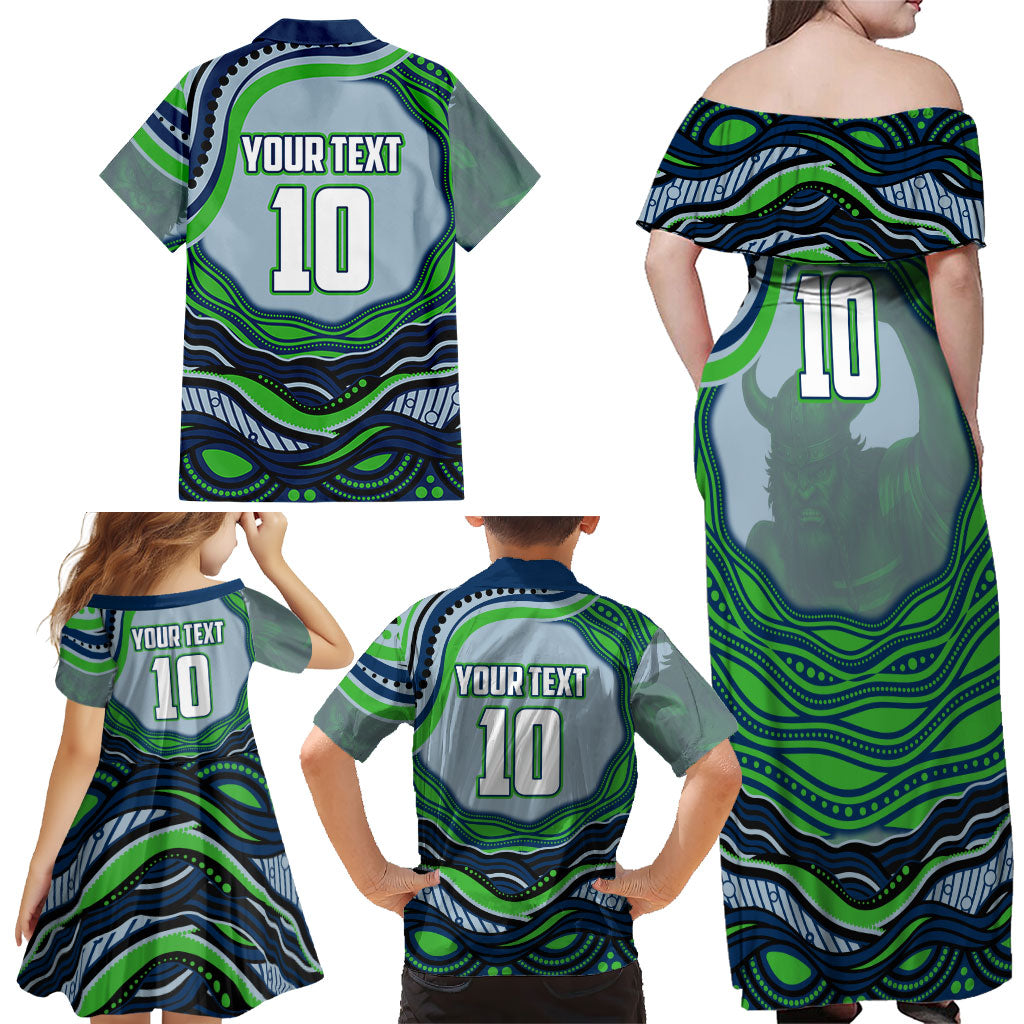 Personalized Canberra Raiders Family Matching Off Shoulder Maxi Dress and Hawaiian Shirt Aboriginal Dot Art - Dreamtime Rugby Mascot