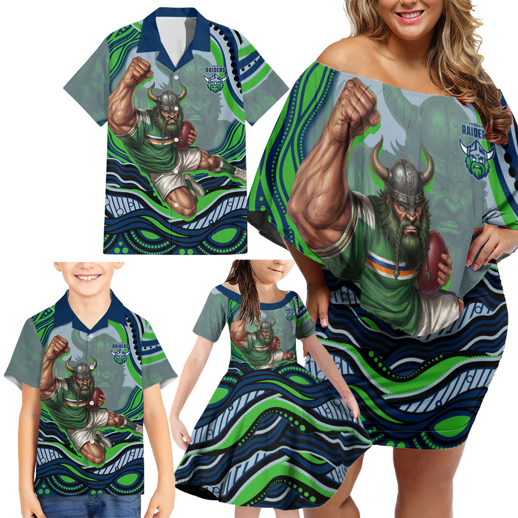 Personalized Canberra Raiders Family Matching Off Shoulder Short Dress and Hawaiian Shirt Aboriginal Dot Art - Dreamtime Rugby Mascot