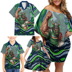 Personalized Canberra Raiders Family Matching Off Shoulder Short Dress and Hawaiian Shirt Aboriginal Dot Art - Dreamtime Rugby Mascot