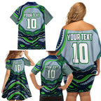 Personalized Canberra Raiders Family Matching Off Shoulder Short Dress and Hawaiian Shirt Aboriginal Dot Art - Dreamtime Rugby Mascot
