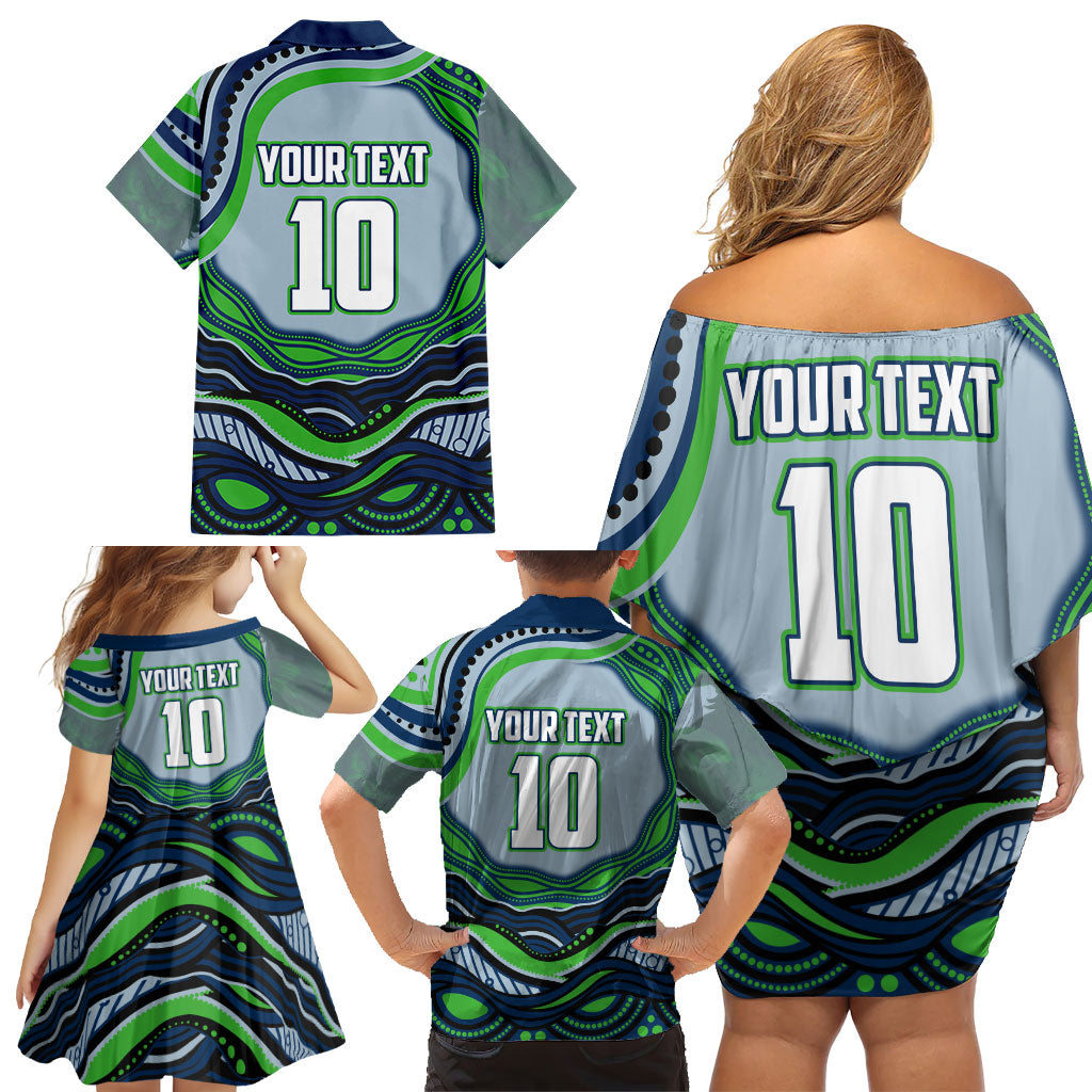 Personalized Canberra Raiders Family Matching Off Shoulder Short Dress and Hawaiian Shirt Aboriginal Dot Art - Dreamtime Rugby Mascot