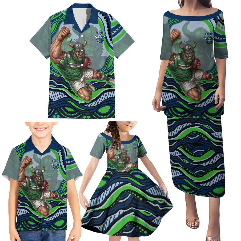 Personalized Canberra Raiders Family Matching Puletasi and Hawaiian Shirt Aboriginal Dot Art - Dreamtime Rugby Mascot