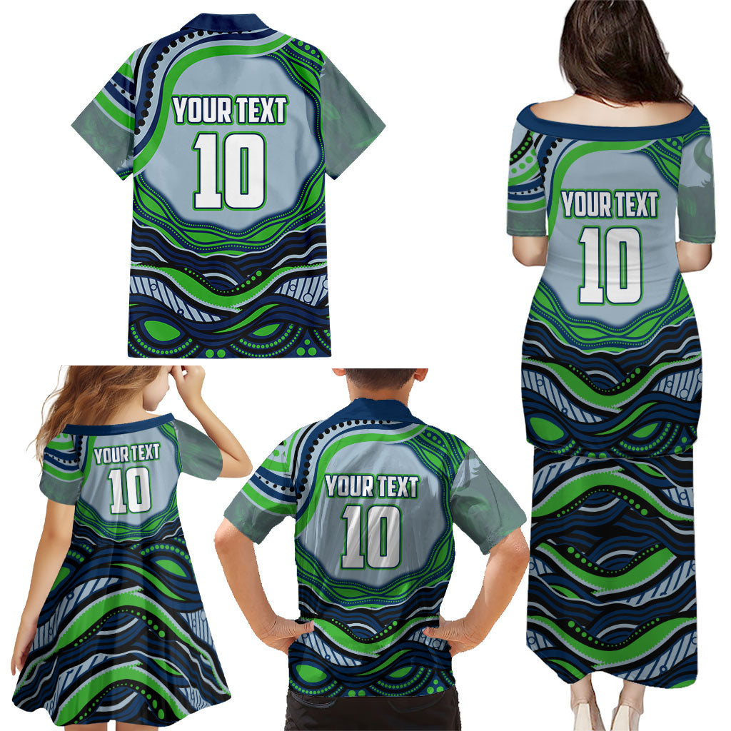 Personalized Canberra Raiders Family Matching Puletasi and Hawaiian Shirt Aboriginal Dot Art - Dreamtime Rugby Mascot