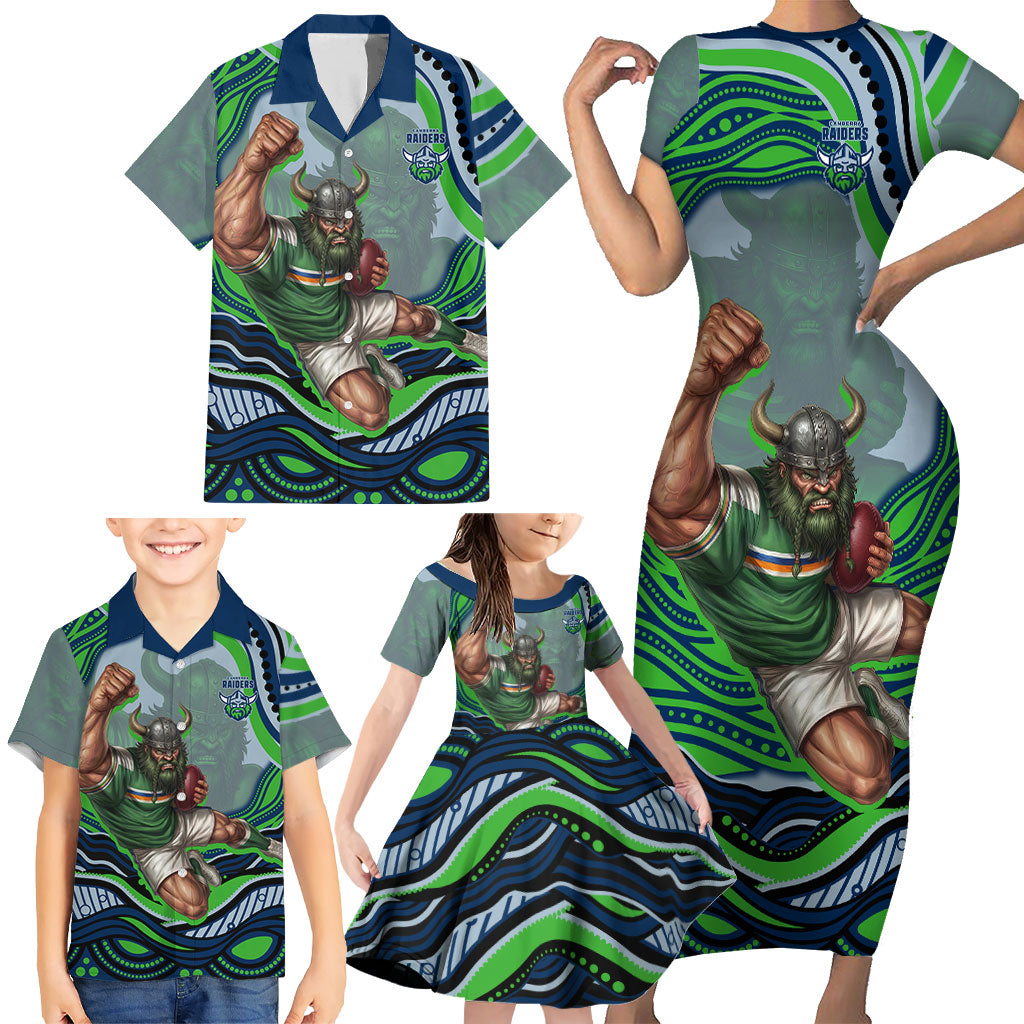 Personalized Canberra Raiders Family Matching Short Sleeve Bodycon Dress and Hawaiian Shirt Aboriginal Dot Art - Dreamtime Rugby Mascot