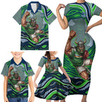 Personalized Canberra Raiders Family Matching Short Sleeve Bodycon Dress and Hawaiian Shirt Aboriginal Dot Art - Dreamtime Rugby Mascot