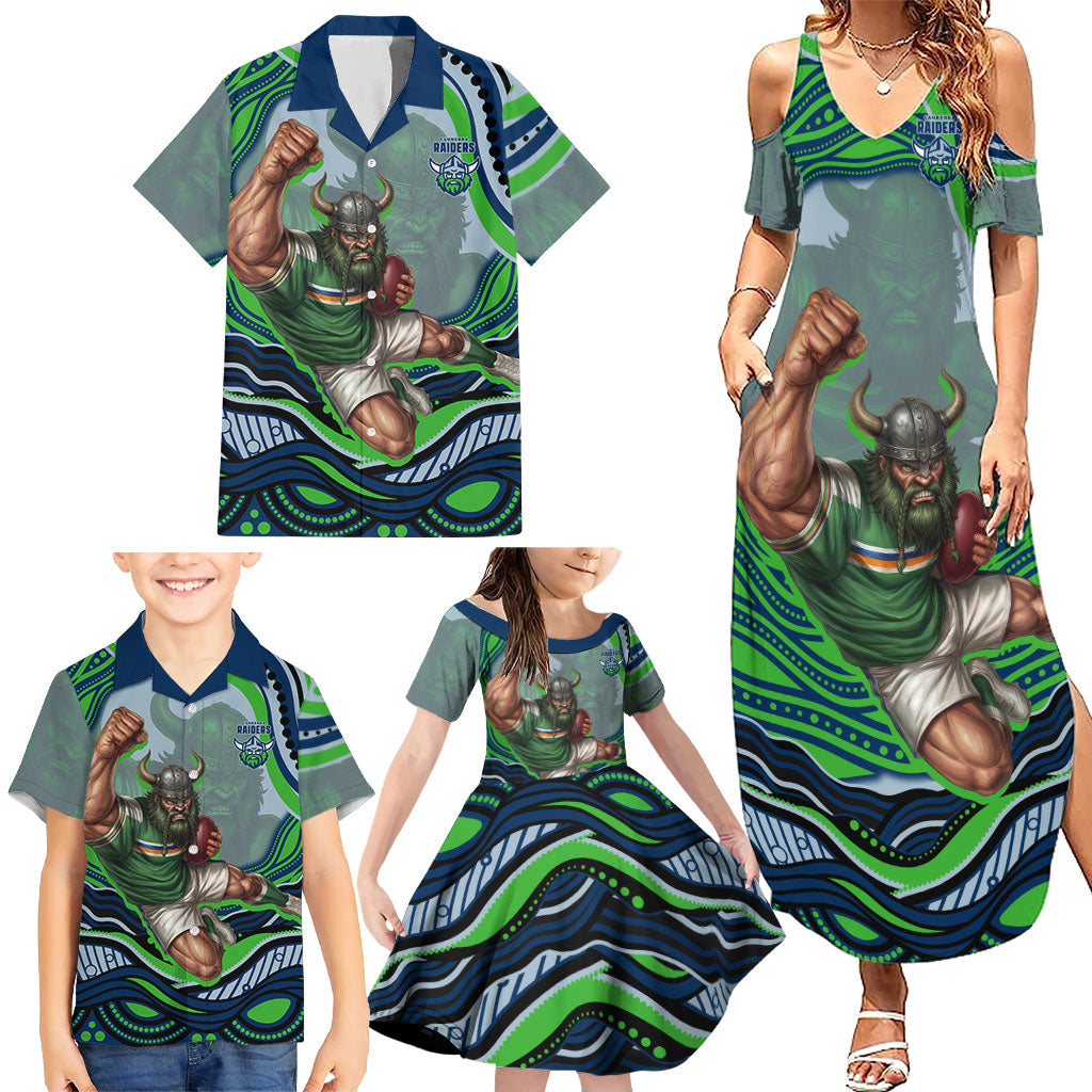 Personalized Canberra Raiders Family Matching Summer Maxi Dress and Hawaiian Shirt Aboriginal Dot Art - Dreamtime Rugby Mascot