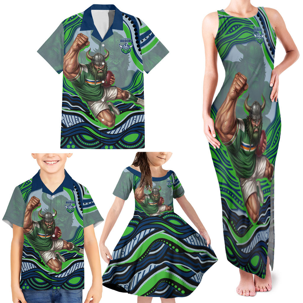 Personalized Canberra Raiders Family Matching Tank Maxi Dress and Hawaiian Shirt Aboriginal Dot Art - Dreamtime Rugby Mascot