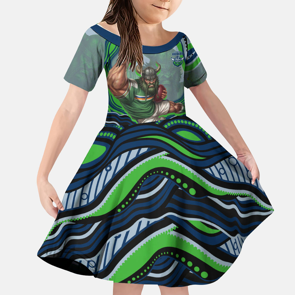 Personalized Canberra Raiders Kid Short Sleeve Dress Aboriginal Dot Art - Dreamtime Rugby Mascot