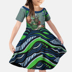 Personalized Canberra Raiders Kid Short Sleeve Dress Aboriginal Dot Art - Dreamtime Rugby Mascot